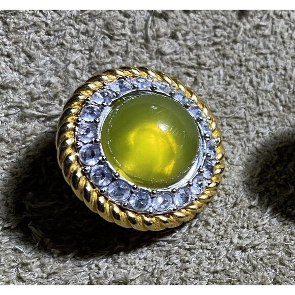Vintage Joan Rivers Goldtone Clip-On Earrings Crystals & Green Translucent Stone - Picture 4 of 9